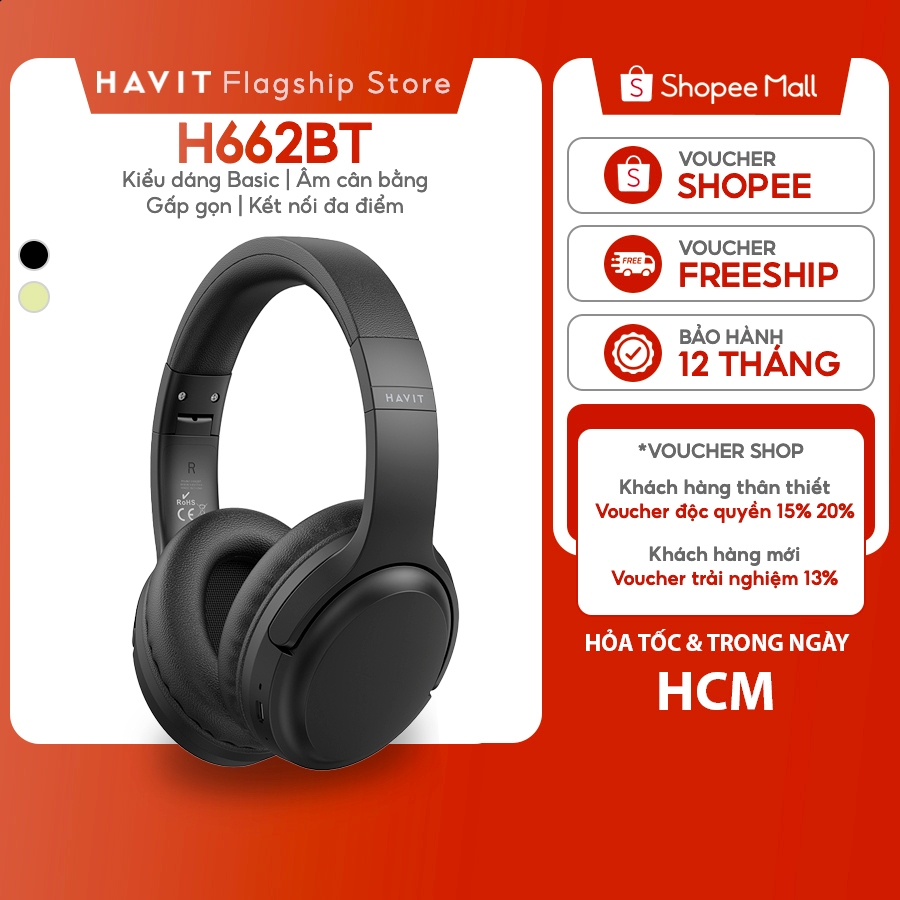 Tai nghe Bluetooth Headphone Havit H662BT Pin 20 tiếng | Kiểu Dáng Basic | BT 5.3