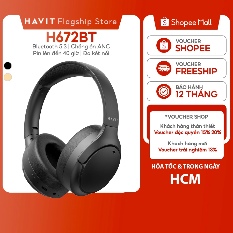 Tai nghe Bluetooth Headphone Havit H672BT Chống Ồn ANC | Kết Nối 2 Thiết Bị | BT 5.3