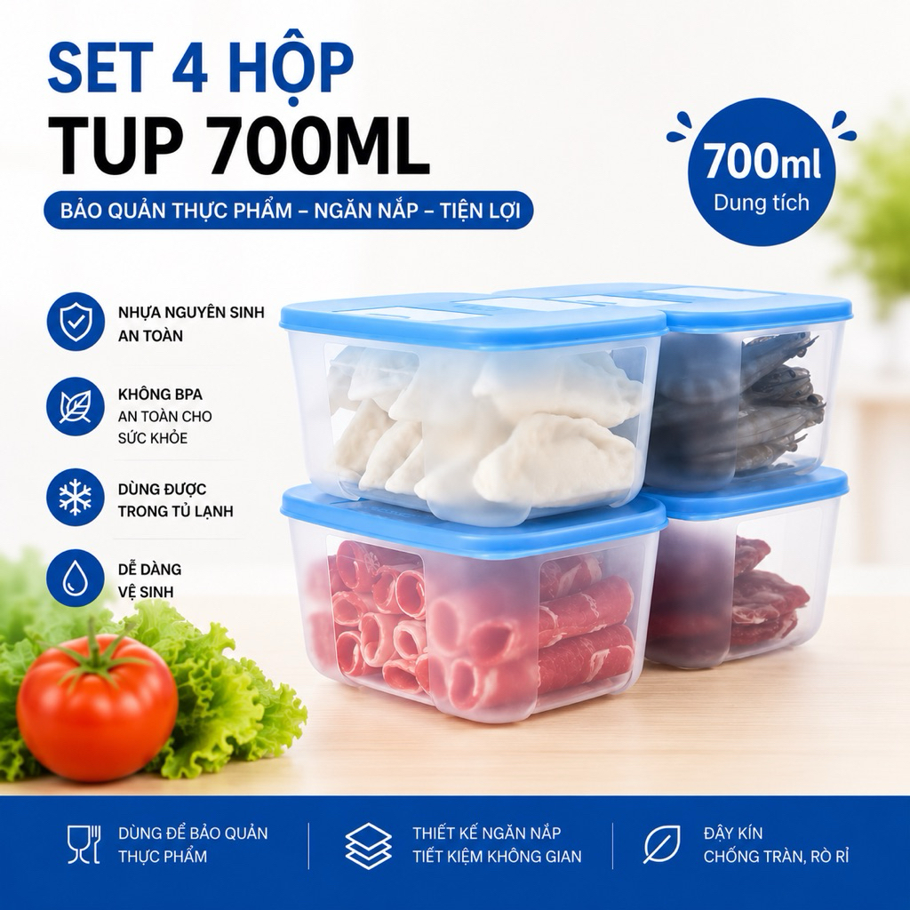 Set 4 hộp Tup đựng thực phẩm ngăn đông 700ml