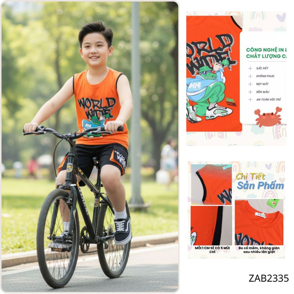 (Size 12kg-64kg)Đồ Bộ Thun Sát Nách Cotton 4 Chiều Cao Cấp Mịn Mùa Hè Cho Bé Trai Zakids ZAB2335