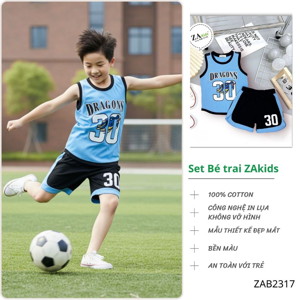(Size 12kg-64kg) Bộ Quần Áo Thun Cotton 4 chiều Cao Cấp Sát Nách Thể Thao Bé Trai ZAkids ZAB2317
