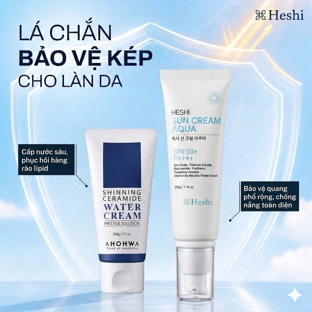 COMBO] Bộ Đôi Bảo Vệ Kép Da Mùa Hè: Kem Chống Nắng Heshi Sun Cream Aqua 50g & Kem Dưỡng Ahohwa Ceram