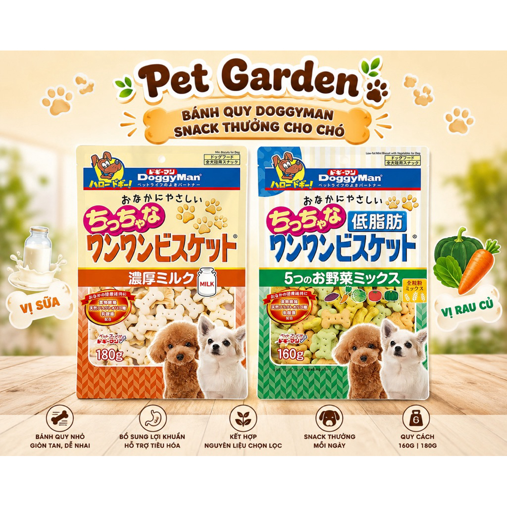 Bánh Quy DoggyMan 160g Cho Chó Size Nhỏ Snack Thưởng Giòn Tan Vị Rau Củ Hoặc Sữa