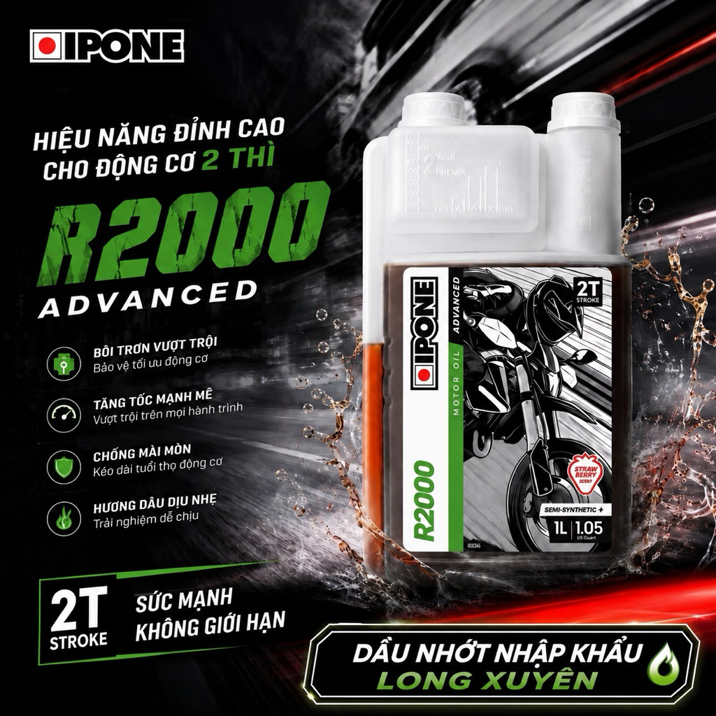 Nhớt Pha 2 thì IPONE R2000( Hương Dâu) mới 2026 Tiêu Chuẩn API TC/ JASO FD