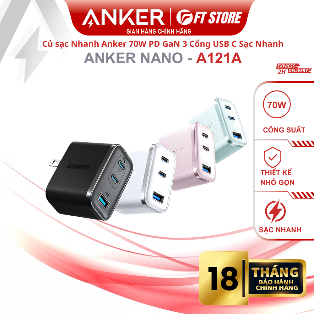 Củ Sạc Anker Nano 70W PD - A121A GaN 3 Cổng USB-C + USB-A Sạc Nhanh Đa Thiết Bị