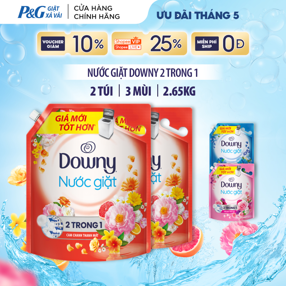 Combo 2 Nước Giặt DOWNY 2 Trong 1 Hương Cam Chanh Thanh Mát/ Biển Xanh Tươi Mát/ Vườn Hoa Thơm Ngát 