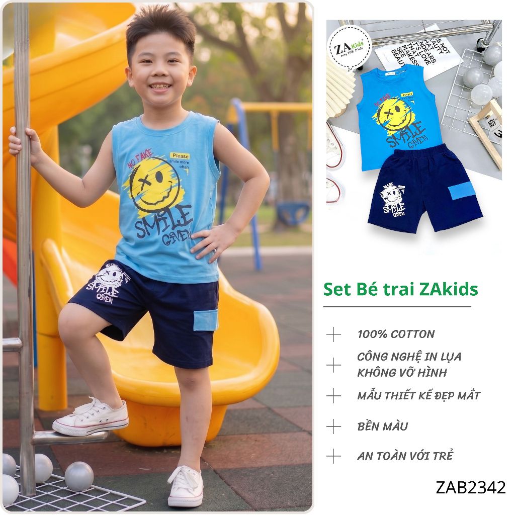 Bộ Quần Áo Thun Cotton 4 chiều Sát Nách Mùa Hè Bé Trai (2-10) ZAkids ZAB2342