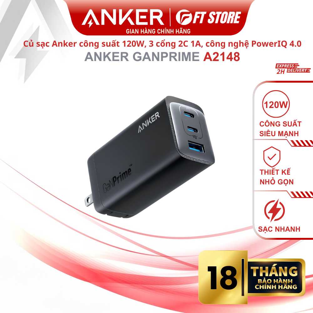 Anker 737 GaNPrime A2148 120W Sạc Nhanh 3 Cổng USB-C USB-A PD 100W QC 3.0 GaN II