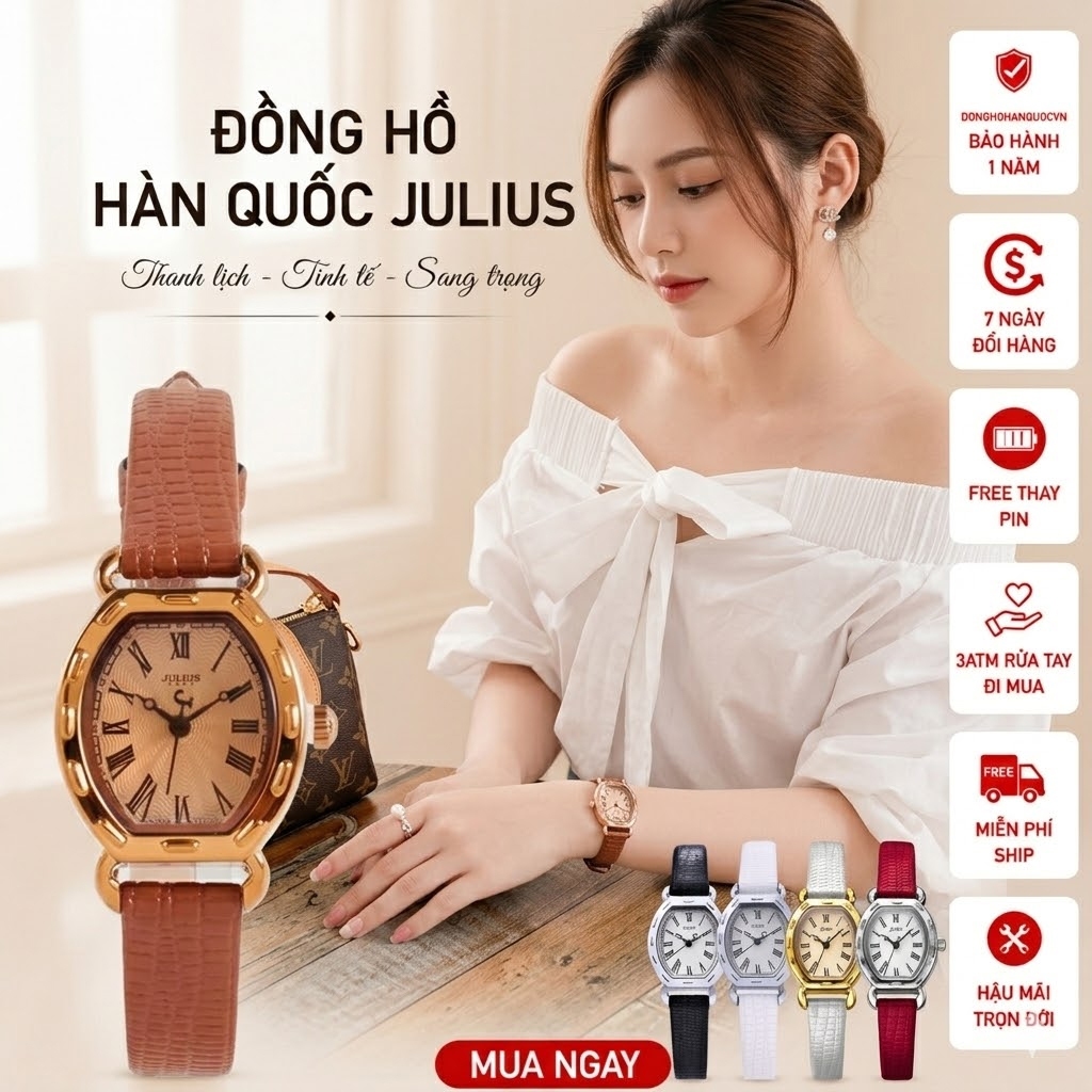 Đồng hồ nữ Julius JA-544 dây da mặt oval size 21 x 25mm