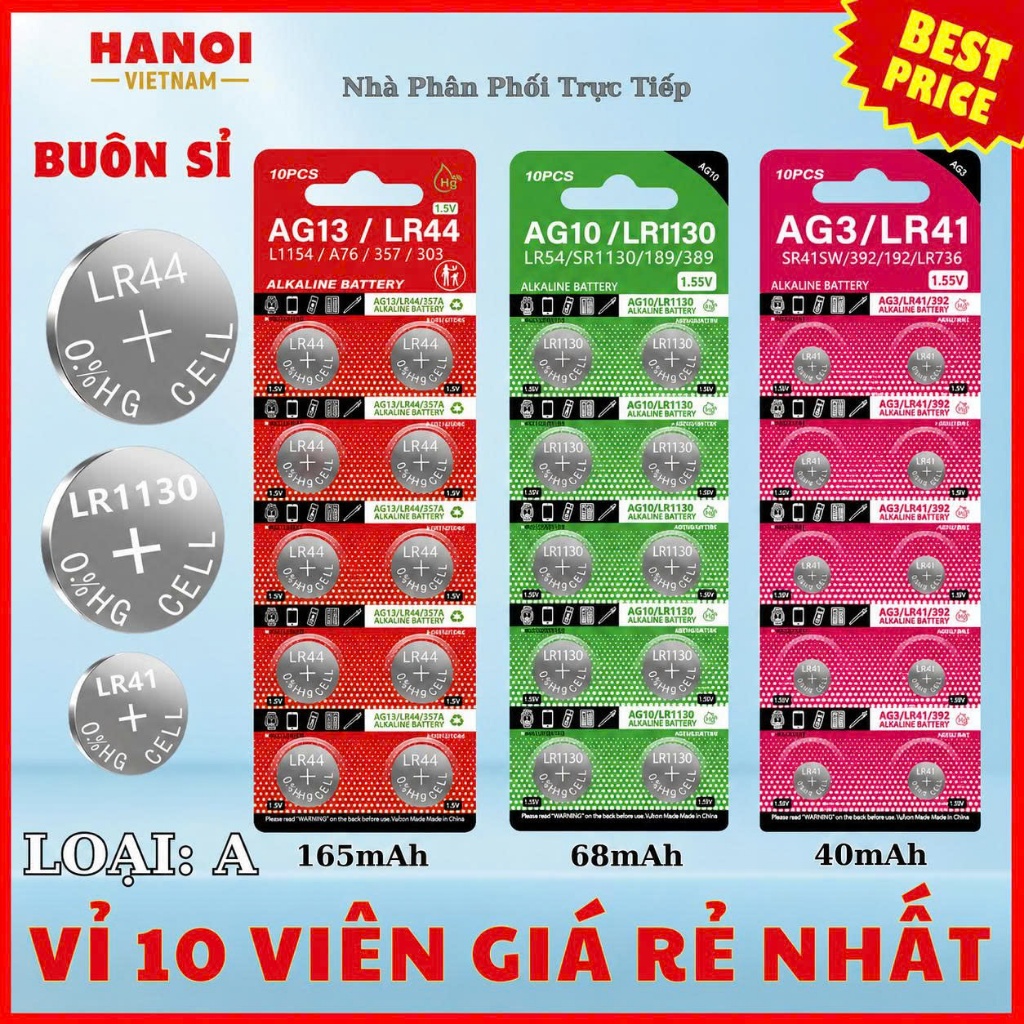 Vỉ 10 Pin cúc áo SODA LR44/AG13 LR1130/AG10 LR41/AG3 LR54 Chất Lượng Cao - Giá Gốc ( Nguyet Energy )