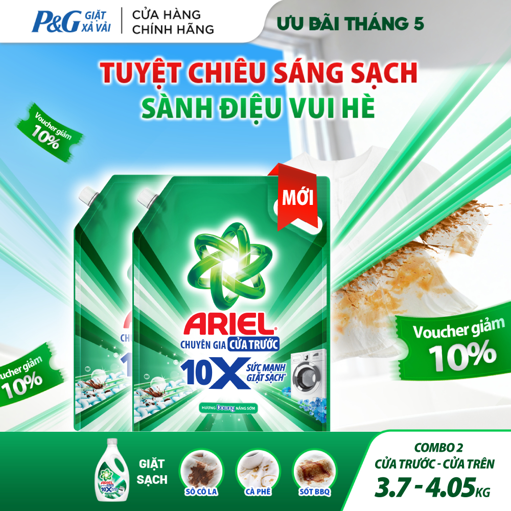 Combo 2 Nước Giặt Gel ARIEL 10X Sức Mạnh Giặt Sạch Chuyên Gia Hương Downy Nắng Sớm Cửa Trước Túi 3.7