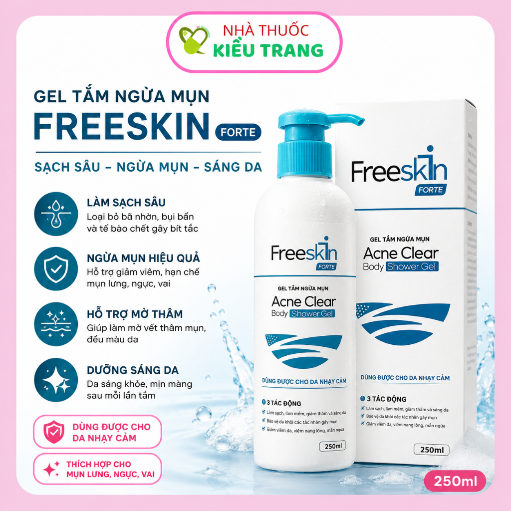 [Mẫu mới] Gel tắm/ Sữa tắm ngừa mụn Freeskin Forte - Giảm mụn thâm, ngừa mụn quay trở lại, Giúp dưỡn