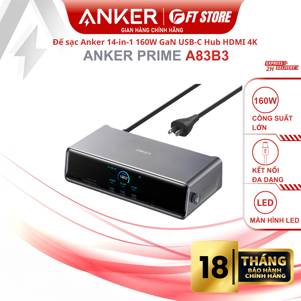 Đế Sạc Anker Prime A83B3 Docking Station 14-in-1 160W HDMI 4K USB-C-Sạc Nhanh Đa Cổng