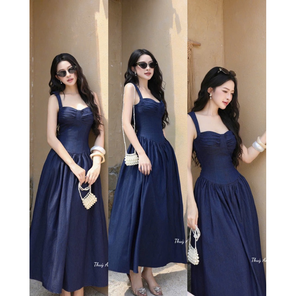 Lagomstore| ĐẦM JEAN 2 DÂY MAXI NHÚN, 1màu