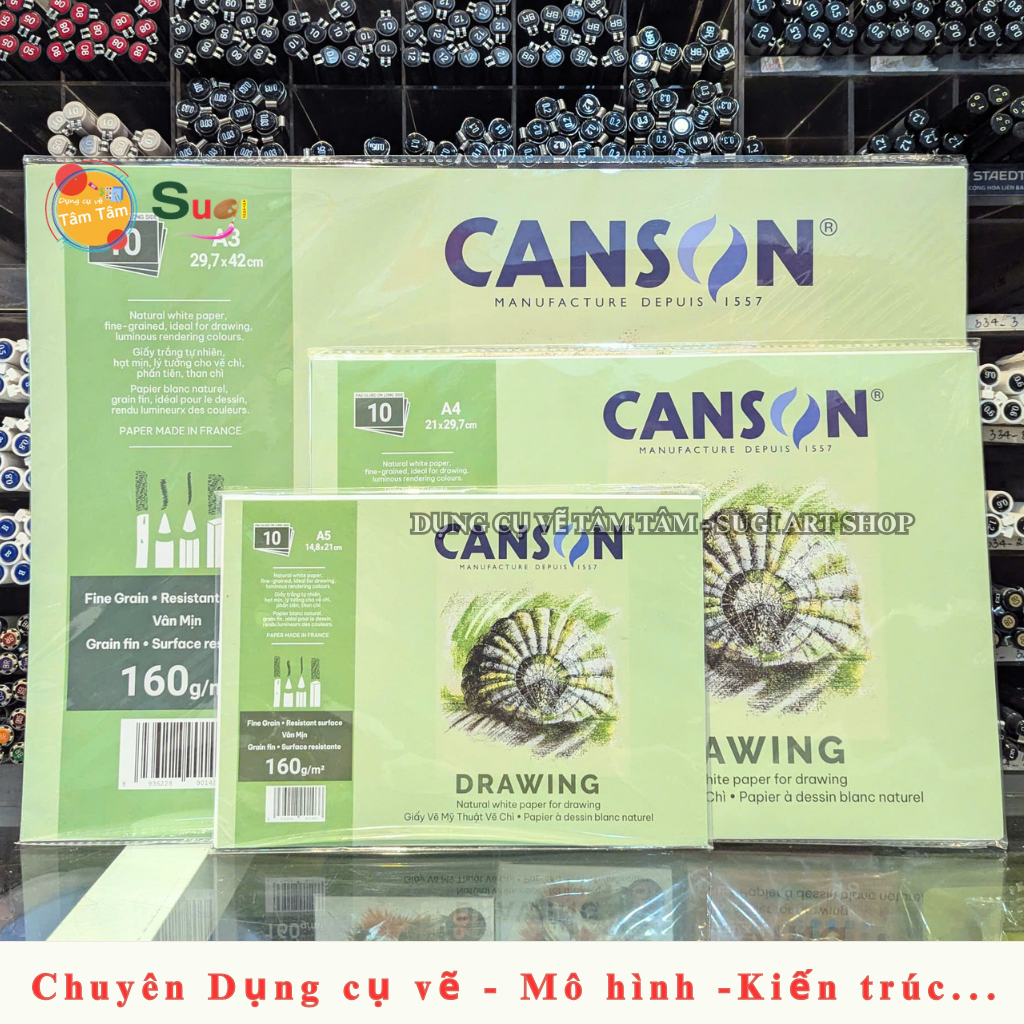 [ Sugi Art Shop ] Tập Giấy Vẽ Canson Vân Mịn 160gsm – Dùng Cho Chì, Charcoal - Canson Pháp 160gsm