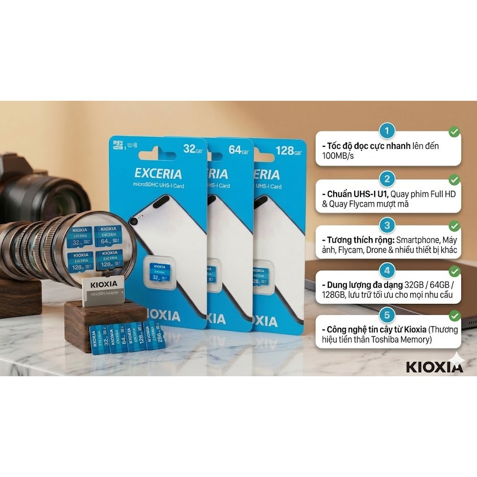 Thẻ nhớ Thẻ nhớ MicroSDHC Kioxia Exceria 128GB / 64GB / 32GB 100MB/s - Hàng Chính Hãng