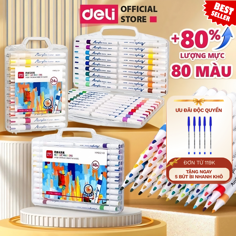 [TOP 1 GIÁ SỈ] Bút lông màu Acrylic Markers Deli EC191 hộp 12/24/36/64 Box Màu Acrylic Marker cho Bé Học Sinh Mỹ thuật