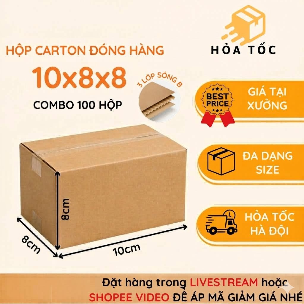 [Combo 100] Hộp carton đóng hàng SIZE 10x10x8