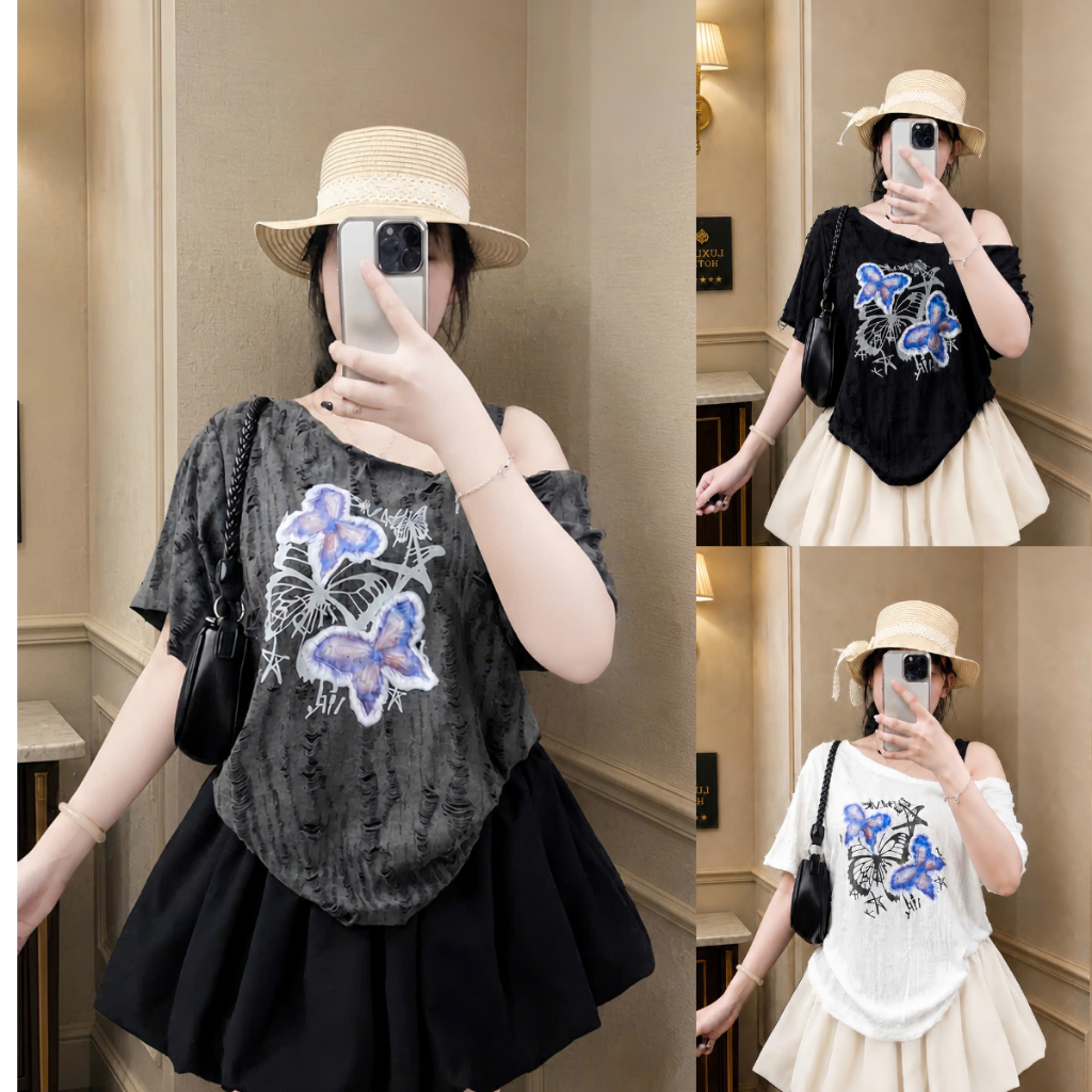 Set đồ áo thun nữ lệch vai in bươm bướm phối chân váy bí xòe xinh xắn, form rộng dễ thương bigsize -