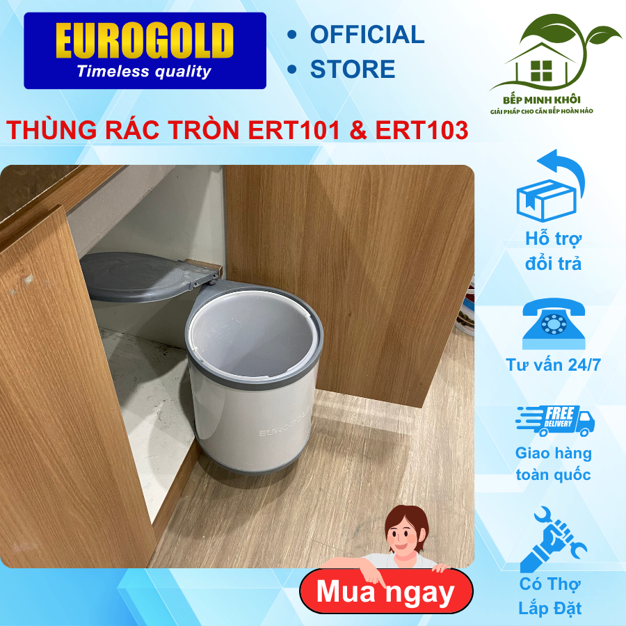 Thùng rác tròn Eurogold cao cấp, mã E0101 và E0103 âm tủ gắn cánh, vỏ ngoài inox bóng gương bền bỉ