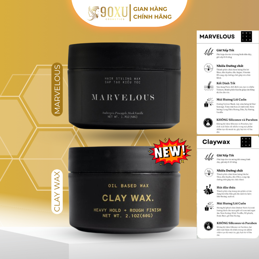 Sáp Vuốt Tóc Rusty Lab Clay Wax & MARVELOUS - Giữ Nếp 10+ Giờ, Hút Dầu Đỉnh Cao, Dưỡng Tóc Tự Nhiên