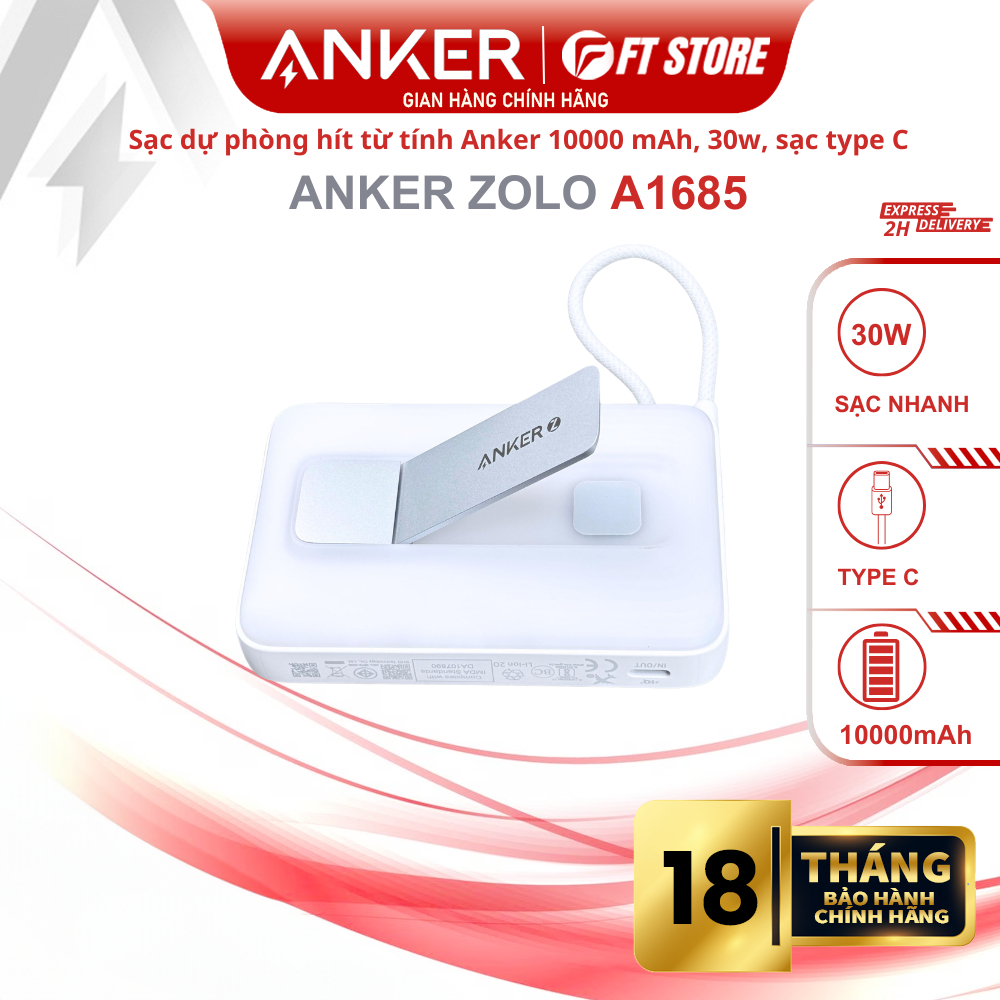 Sạc Dự Phòng Anker Zolo A1685 10000mAh Hít Từ Tính 30W - Tích Hợp Chân Đế-Kèm dây sạc type C