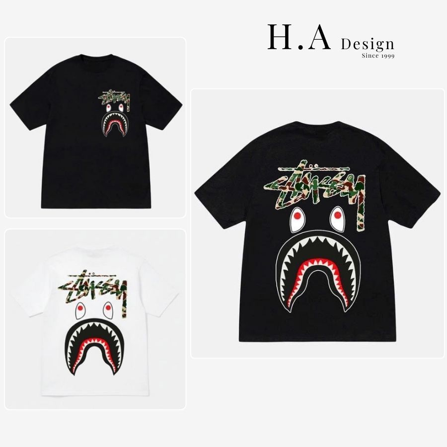 Áo Thun Stussy x Bape Cá Mập Camo Form Unisex Nam Nữ Vải Cotton 250GSM Áo Phông Stussy 582988