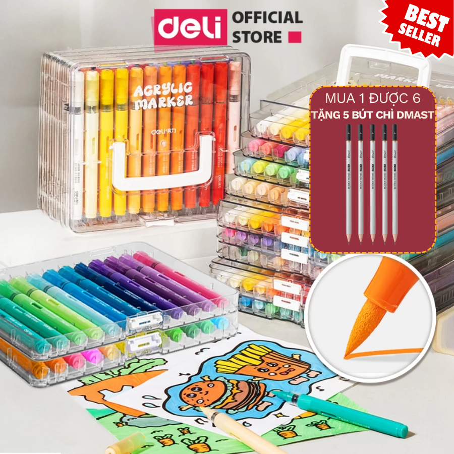 [TOP 1] Bút Sơn Acrylic Marker 84 Màu Deli HM335 Dạng Roller Hộp Nhựa 24/36/48/60/84 Màu Vẽ Trên Mọi