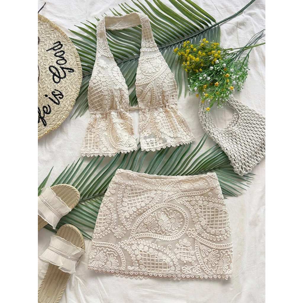 Set Áo Yếm Ren Crochet & Chân Váy Mini Boho Đi Biển Nữ – Bộ 2 Món Vintage Resort Style Sexy Summer