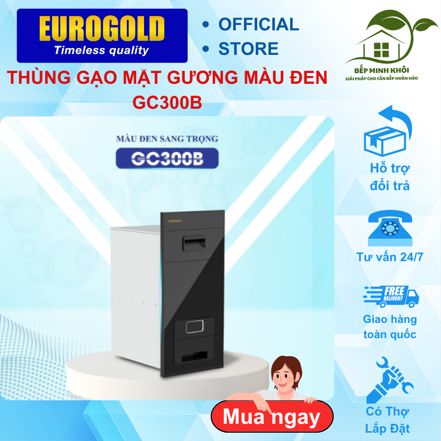 Thùng gạo mặt gương nút ấn kính cường lực thương hiệu Eurogold, thùng gạo mã GC300B màu đen