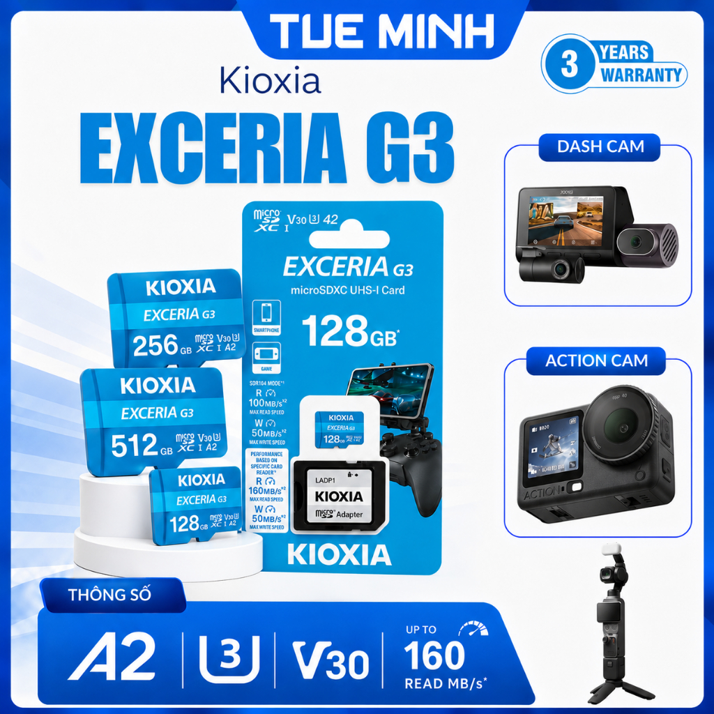 Thẻ nhớ MicroSD KIOXIA Exceria G3, A2, U3, V30 160MB/s - Hàng phân phối chính hãng