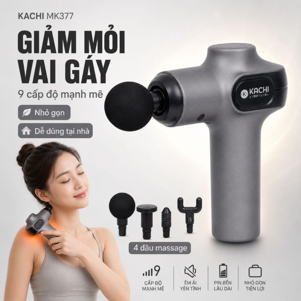 Máy massage cầm tay Kachi MK377 - Đen, 9 cấp độ rung, pin Lithium-ion 1200mAh