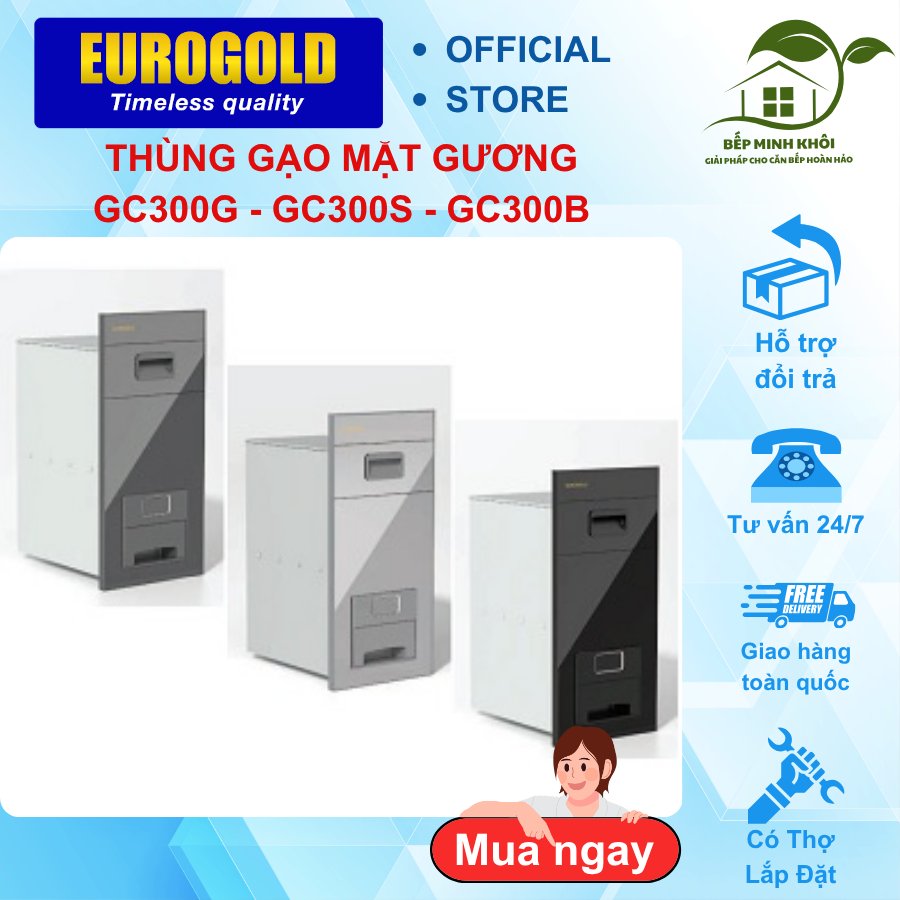 Thùng gạo mặt gương nút ấn kính cường lực thương hiệu Eurogold, thùng gạo mã GC300B/ GC300G/ GC300S