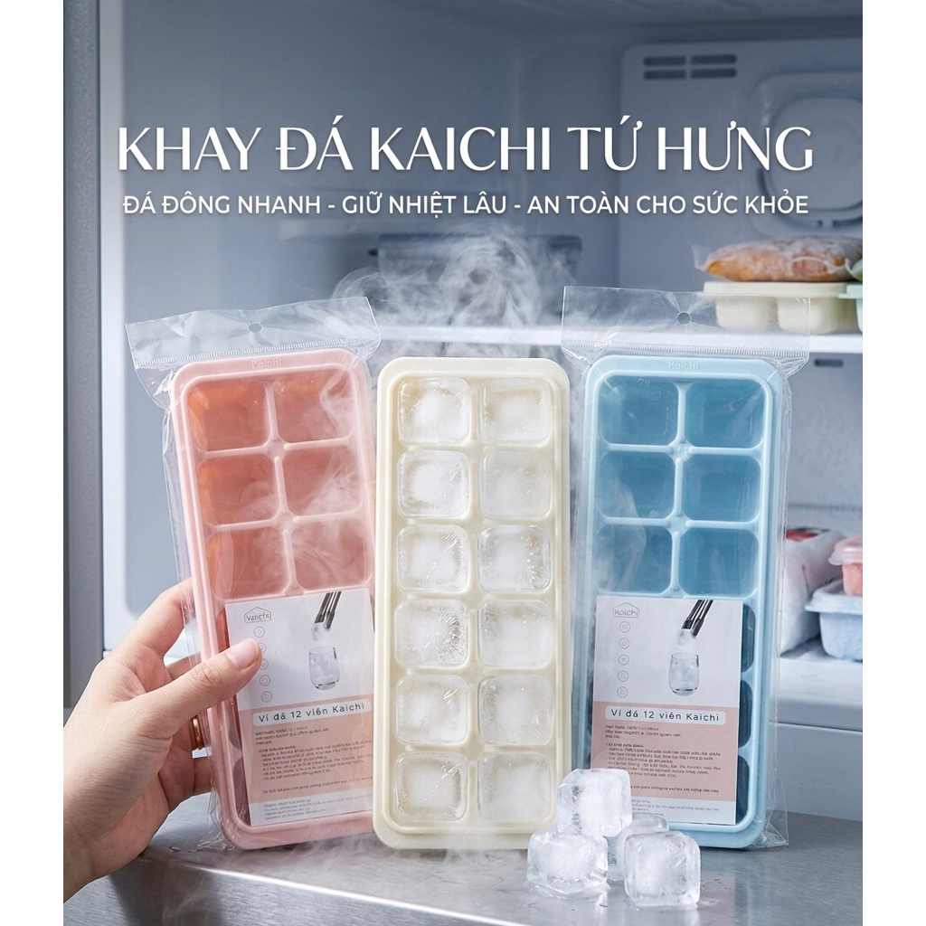 Vỉ Đá Kaichi 12 Viên Tứ Hưng - Khay Làm Đá Viên Lớn Có Nắp Đậy, Nhựa Nguyên Sinh Cao Cấp