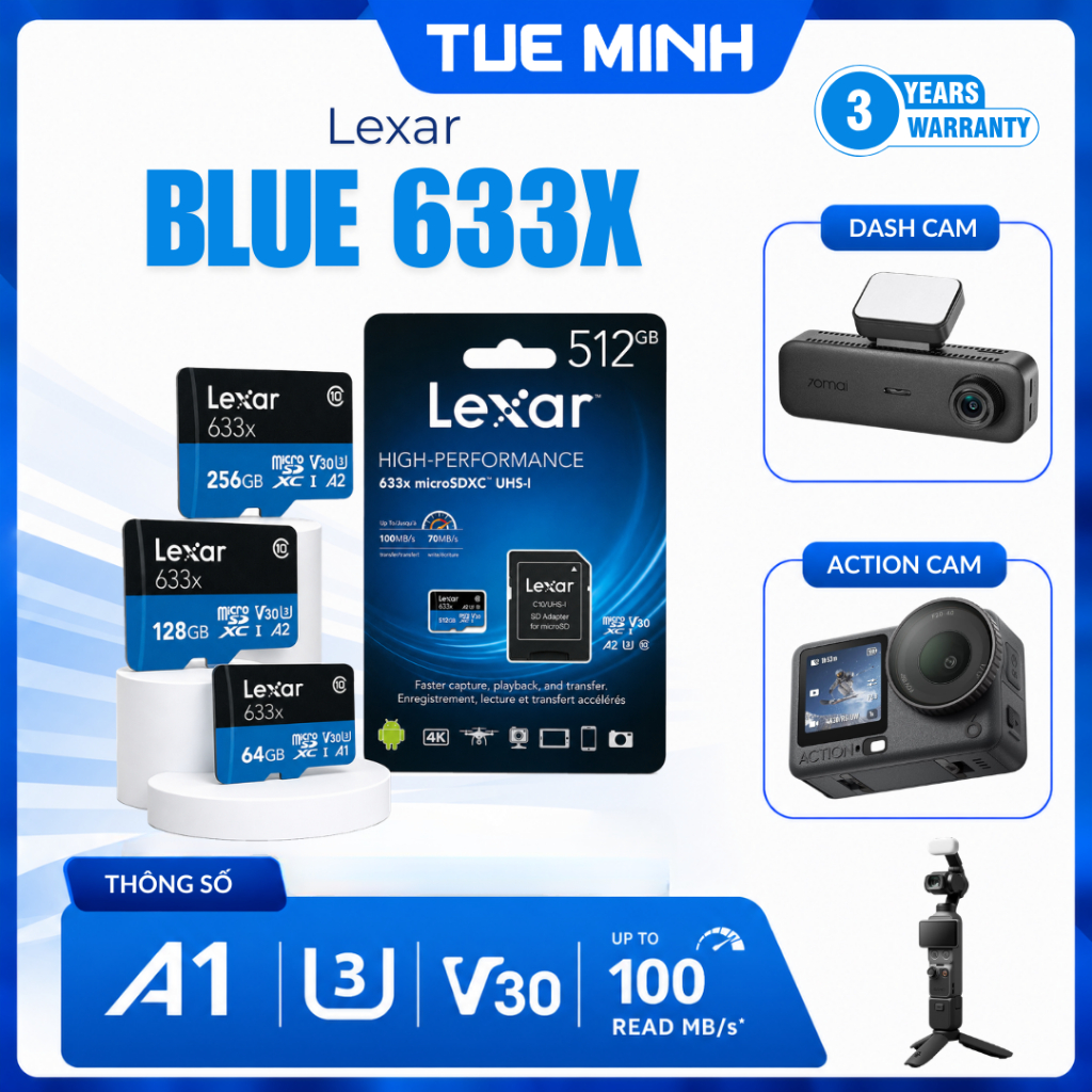 Thẻ nhớ Micro SD Lexar - SDXC UHS-I Blue 633x 100MB/s U3