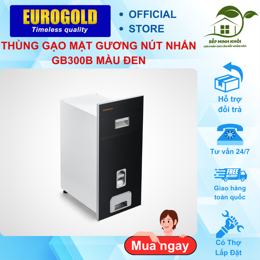 Thùng gạo mặt gương đen GB300B Eurogold, mặt gương kính - nút nhấn dễ lắp đặt chỉ bằng 2 mũi vít