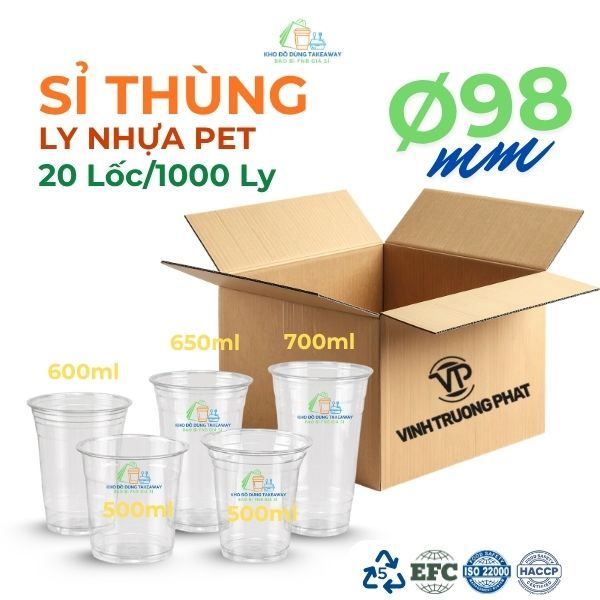 (SỈ THÙNG) Ly Nhựa PET Phi 98mm 16oz/18oz/20oz/24oz Dung Tích 500ml-700ml – Ly PET Thùng 2000ly