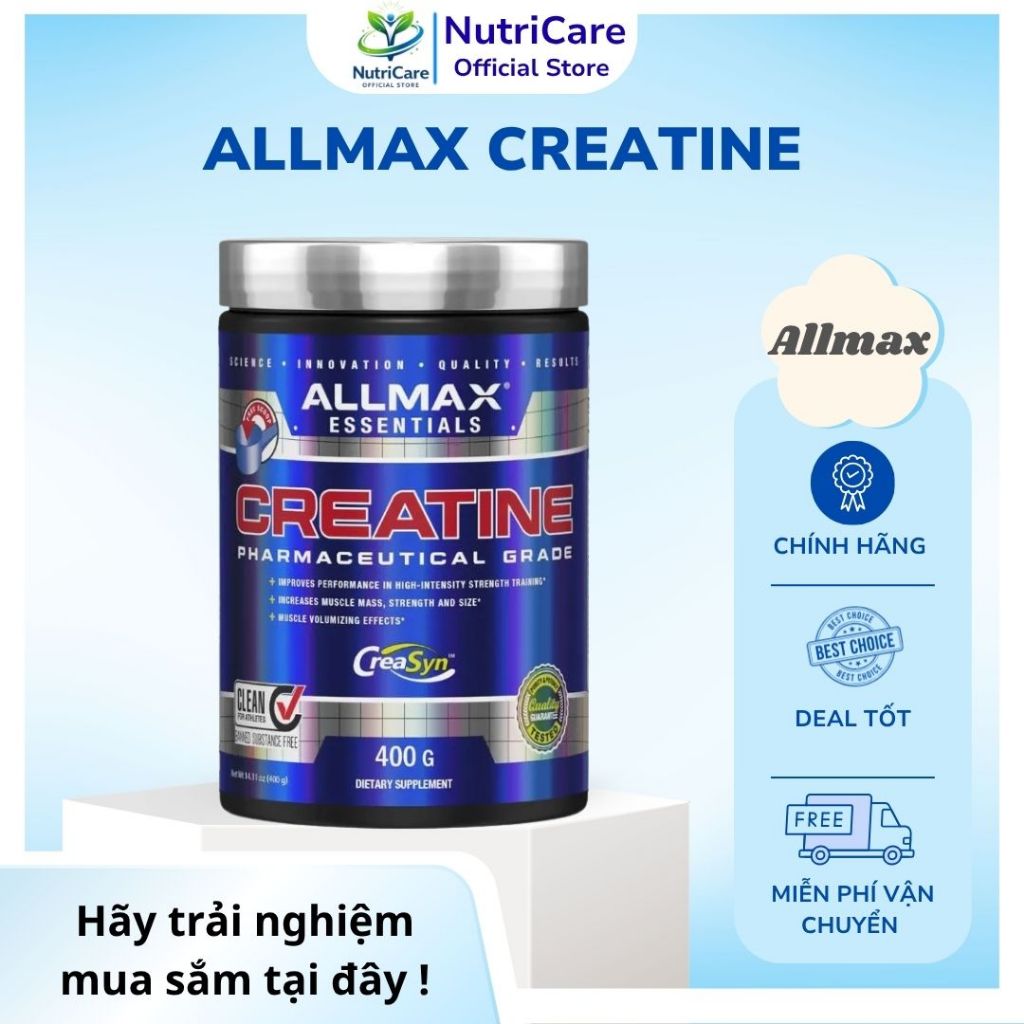 Allmax Creatine Monohydrate Pharmaceutical Grade + Bột hỗ trợ gia tăng sức mạnh cơ bắp, luyện tập