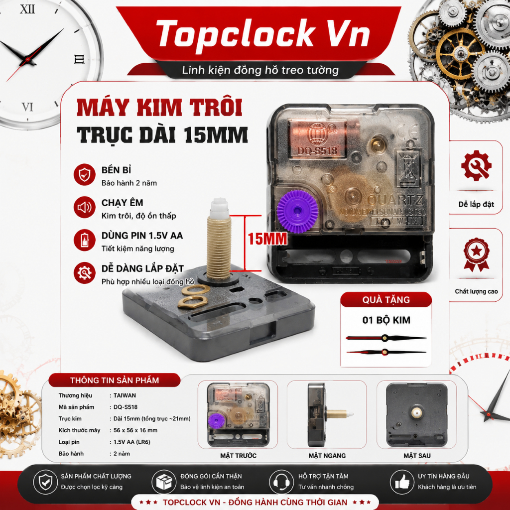 Máy Đồng Hồ Treo Tường Kim Trôi TAIWAN DQS518-C22 – Trục Đồng Dài 15mm – Chạy Êm – Bảo Hành 24 Tháng