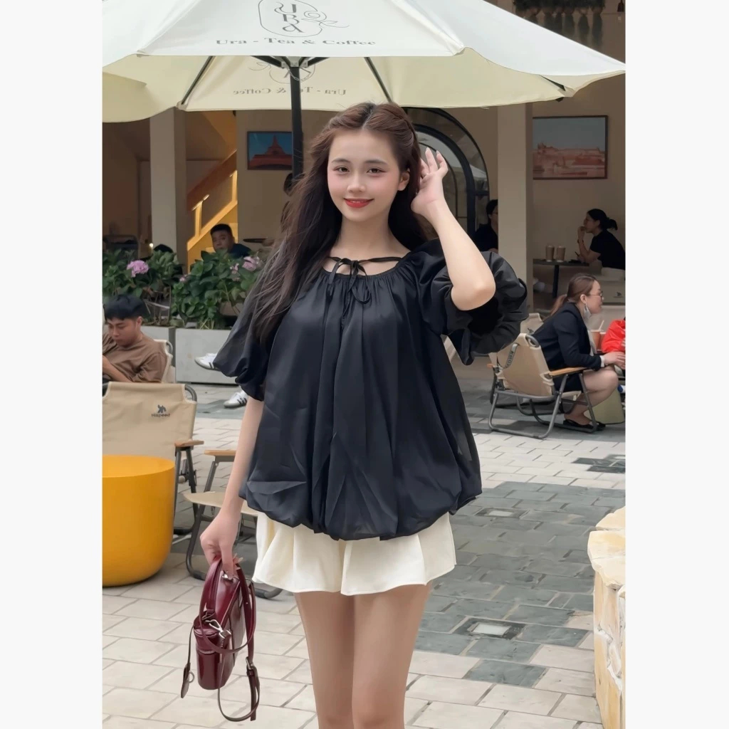 ( Hàng L1) Áo kiểu nữ  Mặc 2 kiểu trễ vai voan tơ bồng bềnh, dáng bí mềm mại Bồng Bềnh Top. | BigBuy360 - bigbuy360.vn