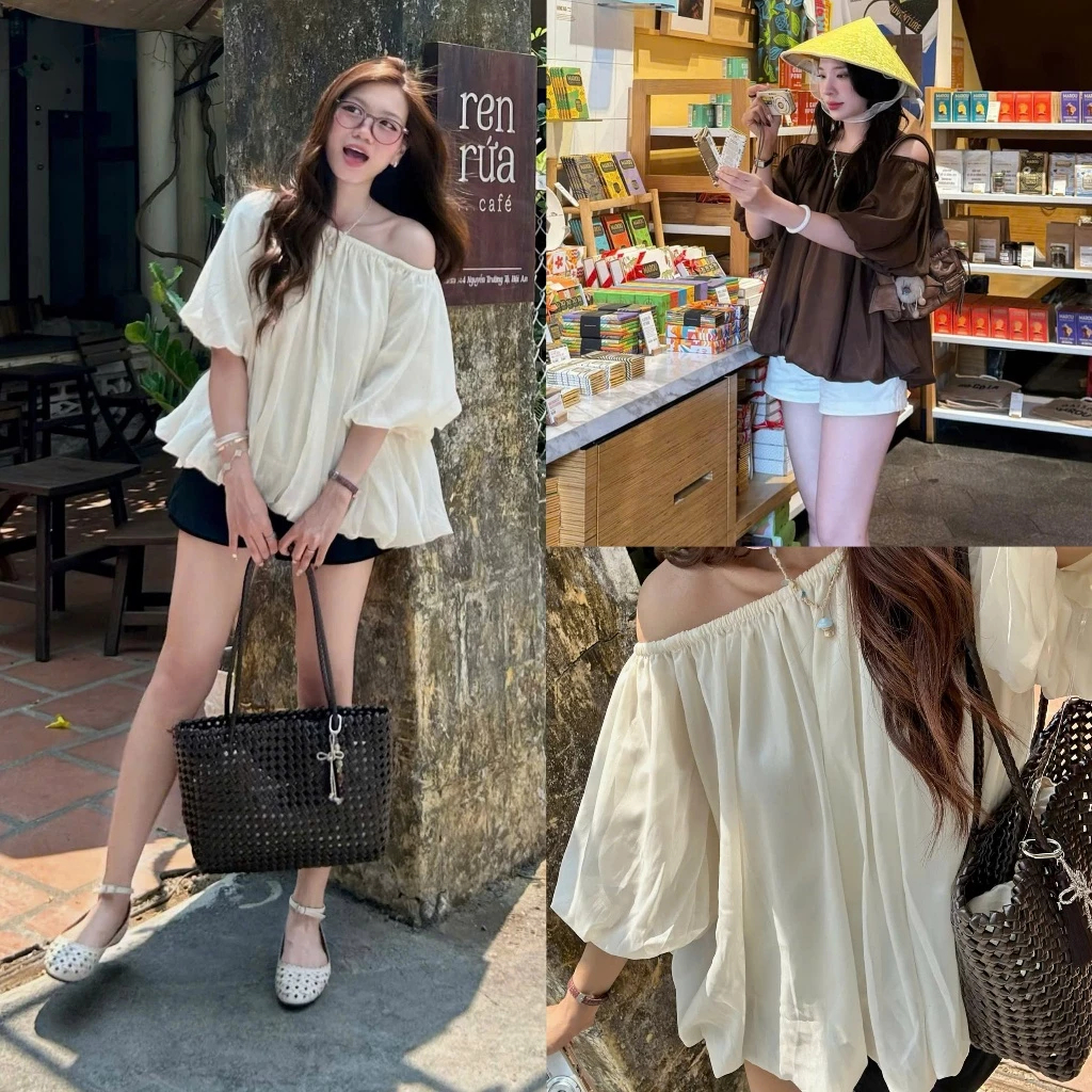 ( Hàng L1) Áo kiểu nữ  Mặc 2 kiểu trễ vai voan tơ bồng bềnh, dáng bí mềm mại Bồng Bềnh Top. | BigBuy360 - bigbuy360.vn