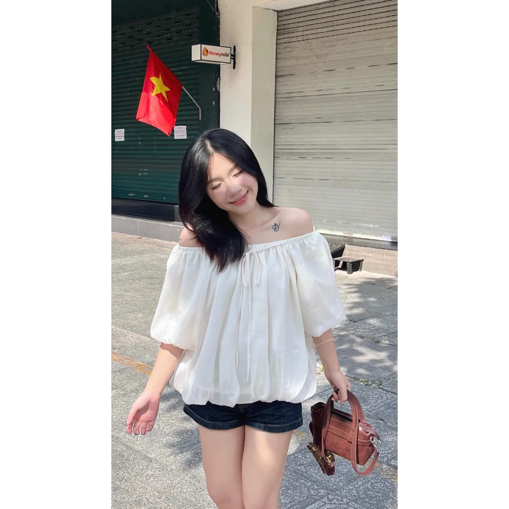 ( Hàng L1) Áo kiểu nữ  Mặc 2 kiểu trễ vai voan tơ bồng bềnh, dáng bí mềm mại Bồng Bềnh Top. | BigBuy360 - bigbuy360.vn