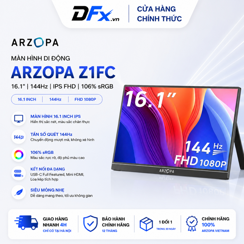 Màn Hình Di Động ARZOPA Z1FC 16.1" 144Hz IPS FHD | 106% sRGB | USB-C HDMI | Chính Hãng | Hỏa Tốc