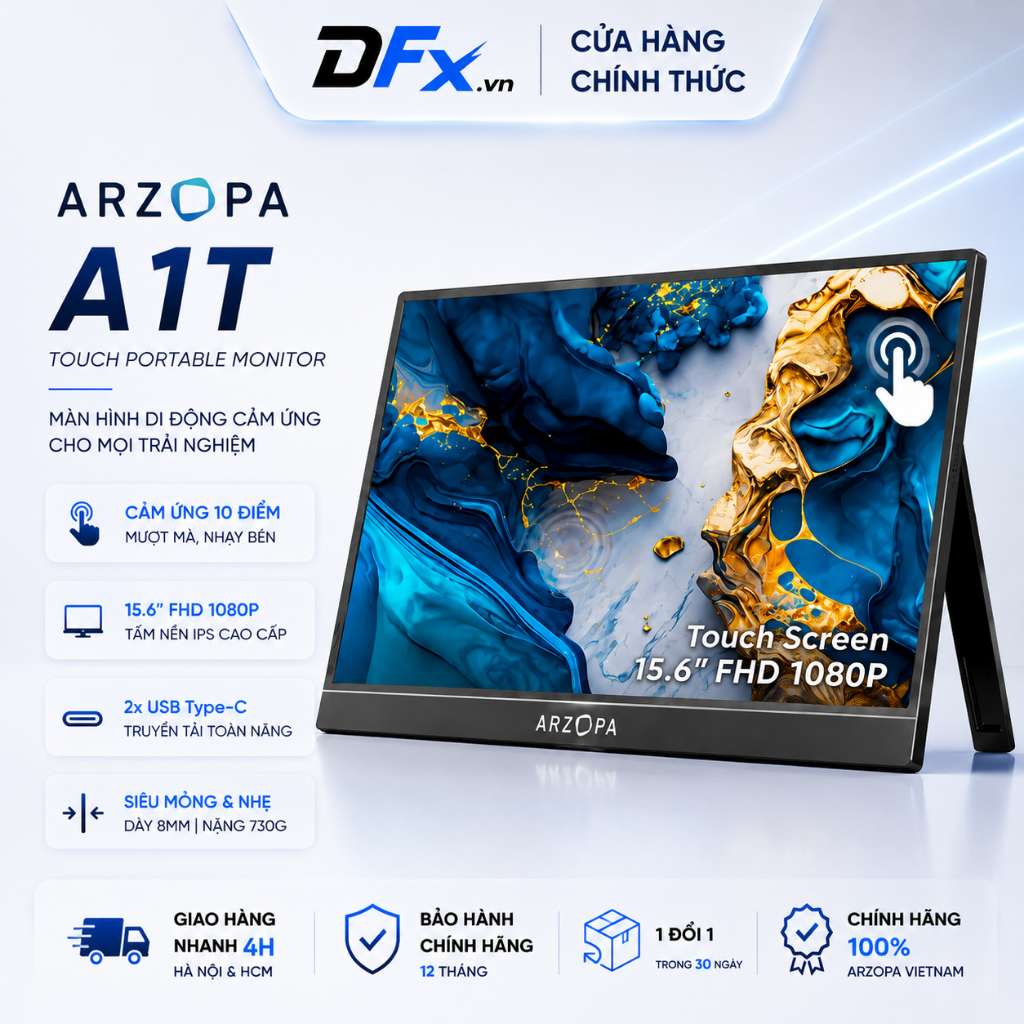 Màn hình di động cảm ứng ARZOPA A1T 15,6 Inch 60Hz FHD 1080P IPS 350nits | USB-C & HDMI | Cho Laptop