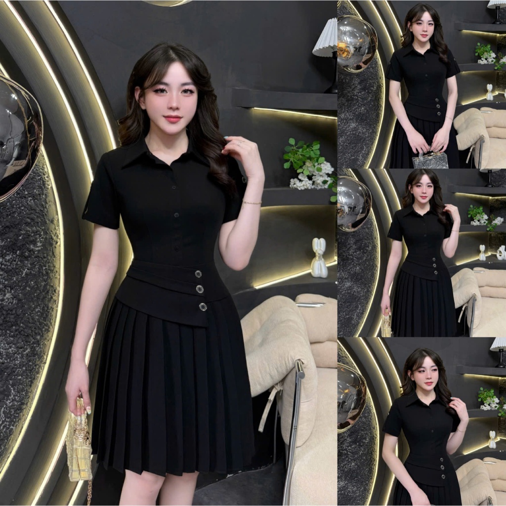 2TY193 - Váy Thiết Kế Eviici dành cho nữ,thiết kế cổ đức, dáng A ngắn xếp ly