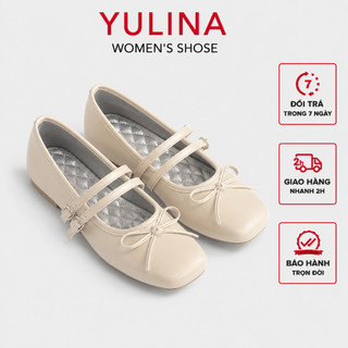 Giày Búp Bê 𝙔𝙐𝙇𝙄𝙉𝘼 Mũi Vuông Lót Bạc Chần Chỉ Quả Trám Phối Quai Ngang Và Nơ Nhỏ Xinh Xắn tiểu thư sang chảnh- C96
