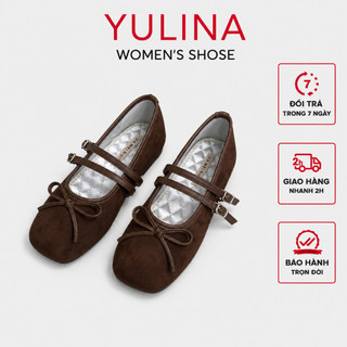Giày Búp Bê 𝙔𝙐𝙇𝙄𝙉𝘼 Mũi Vuông Lót Bạc Chần Chỉ Quả Trám Phối Quai Ngang Và Nơ Nhỏ Xinh Xắn tiểu thư sang chảnh- C96