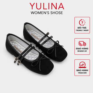 Giày Búp Bê 𝙔𝙐𝙇𝙄𝙉𝘼 Mũi Vuông Lót Bạc Chần Chỉ Quả Trám Phối Quai Ngang Và Nơ Nhỏ Xinh Xắn tiểu thư sang chảnh- C96