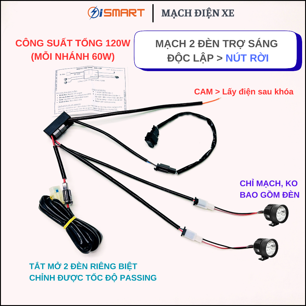 TV48 - MẠCH 2 TRỢ SÁNG ĐỘC LẬP NÚT RỜI, DÙNG CHO M80, KZ40, L4X, M60, cho xe máy 12V