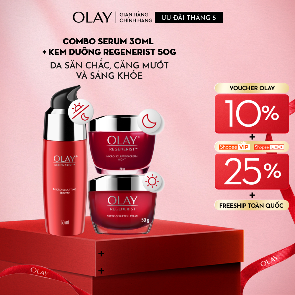 Combo 3: Kem Dưỡng Ẩm OLAY REGENERIST Ngày & Đêm + Serum Căng Mướt, Sáng Khỏe & Phục Hồi Dấu Hiệu Lã